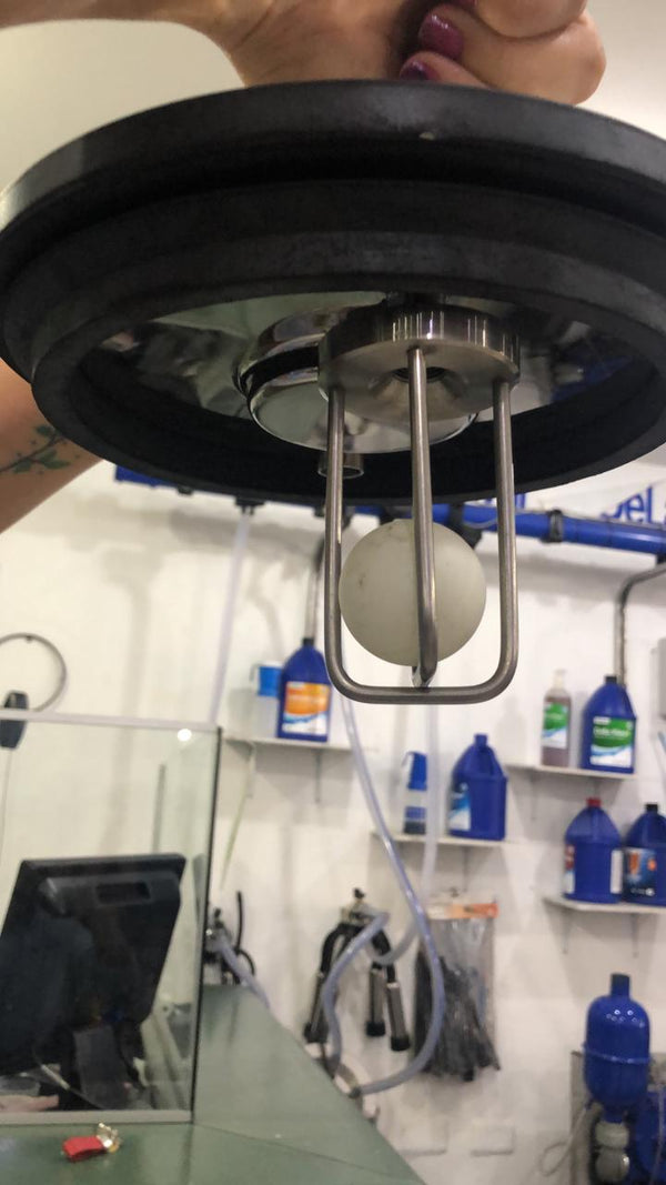 Trampa de seguridad montada por debajo de una tapa de ordeño en acero inoxidable, en la salida hacia la bomba de vacío — foto real