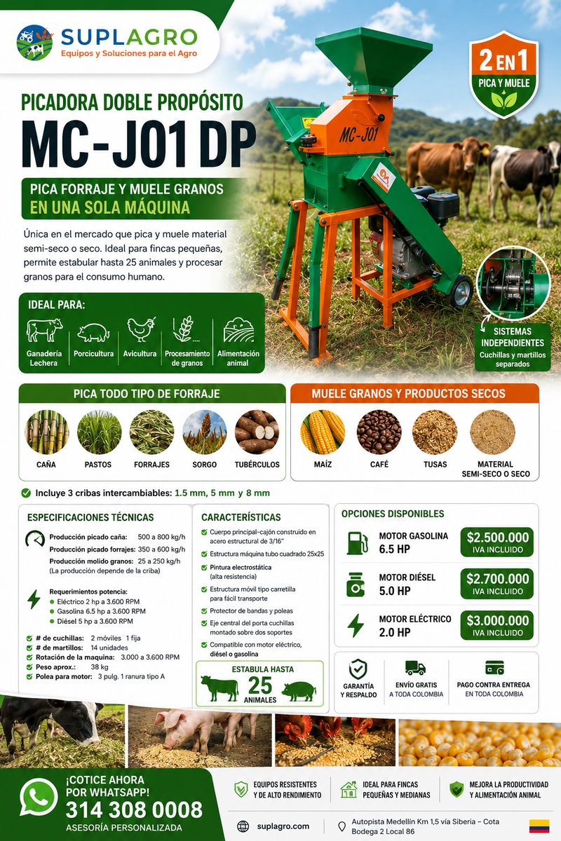 Picadora doble propósito MC-J01 DP: pica forraje y muele granos