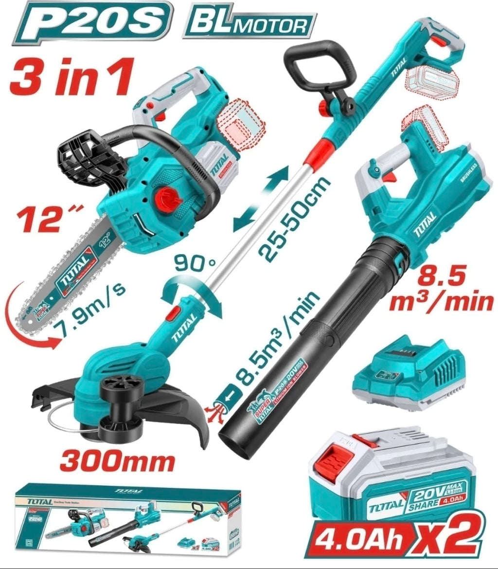 Super combo agrícola TOTAL 20V con motosierra, recortadora y sopladora inalámbricas
