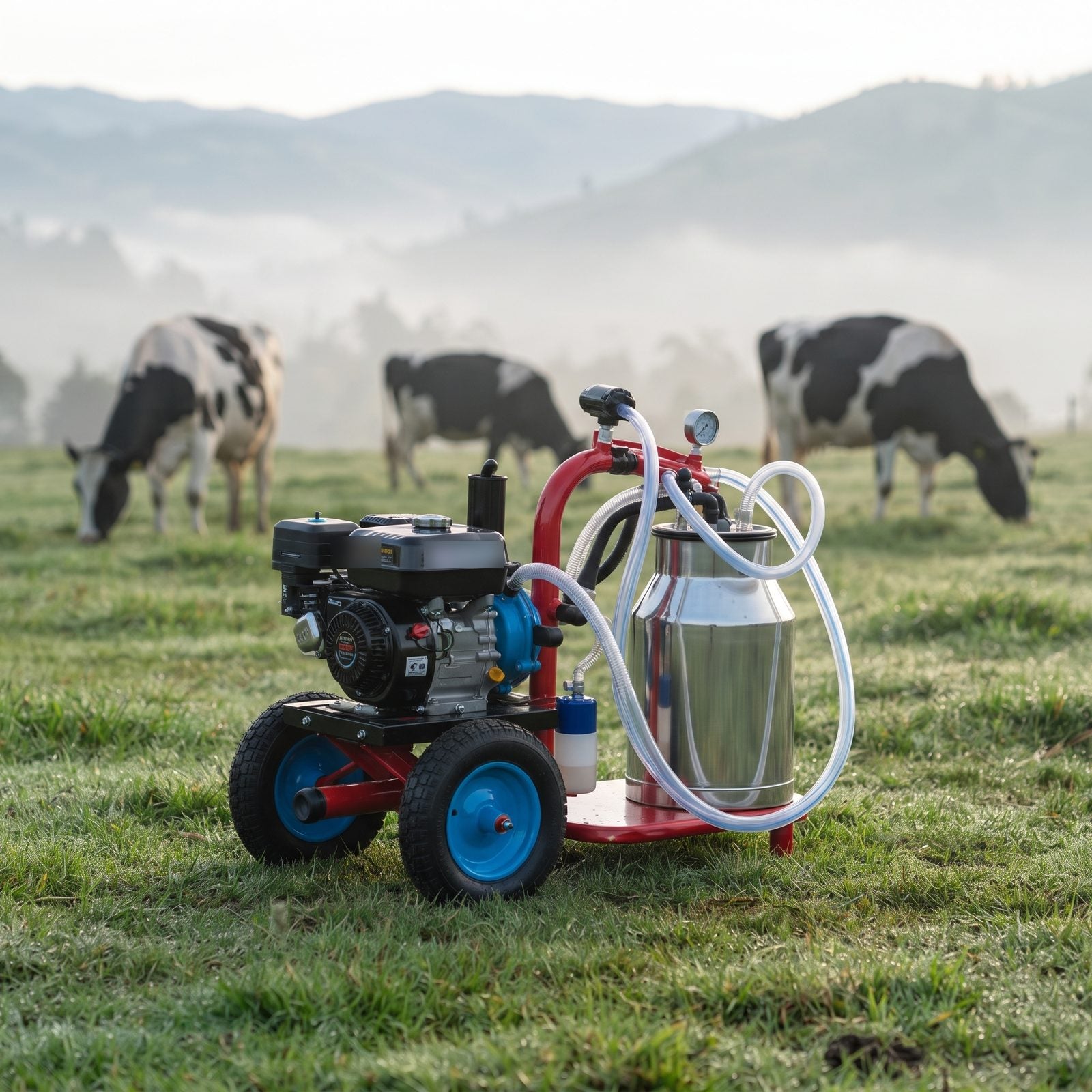 Ecomilk Pro en potrero andino con vacas normandas al fondo