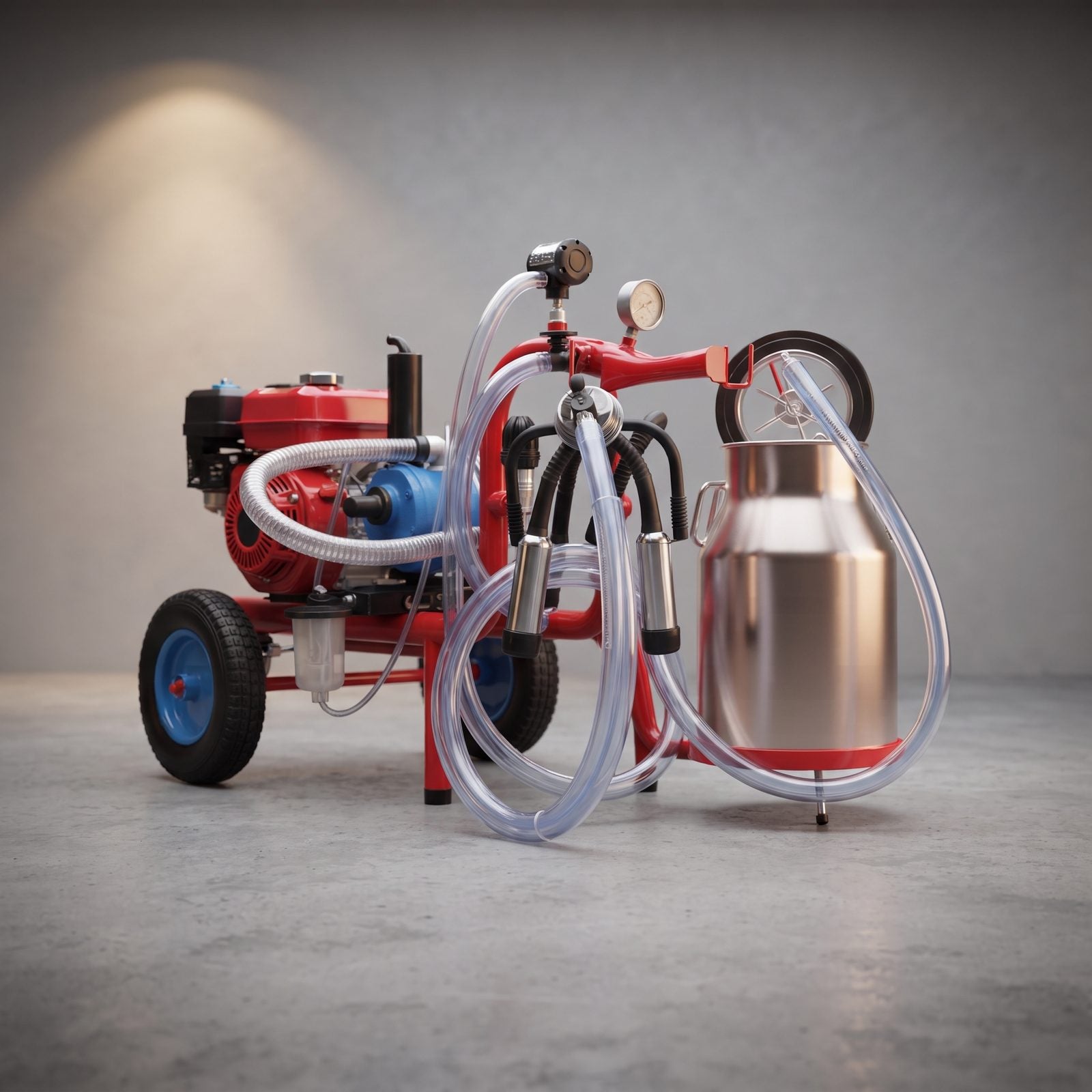 Equipo de ordeño Ecomilk Pro, foto de estudio con cantina en acero