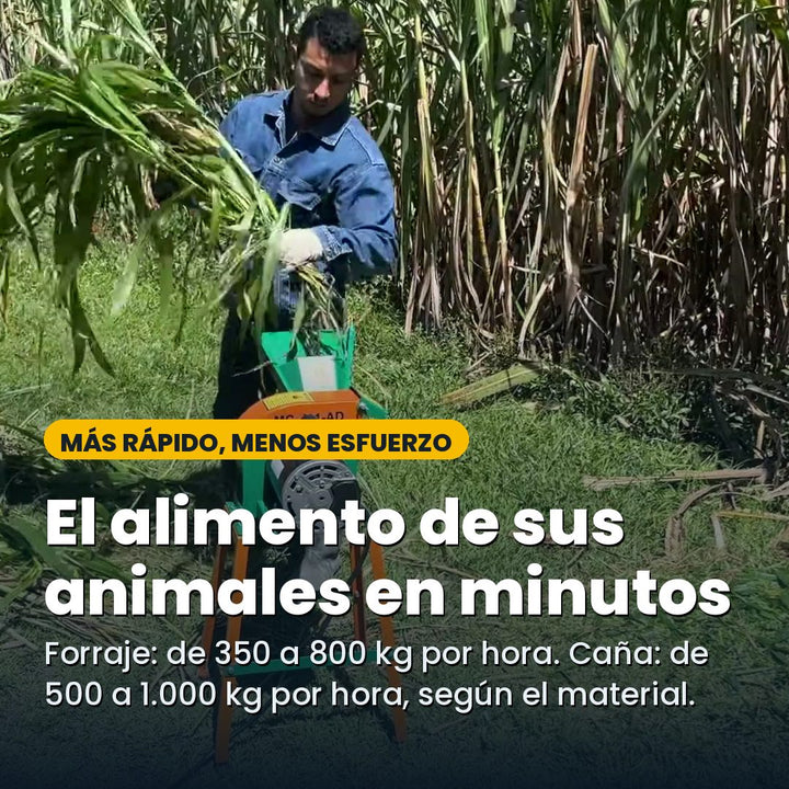 El alimento de sus animales en minutos: forraje de 350 a 800 kg por hora y caña de 500 a 1.000 kg por hora, según el material