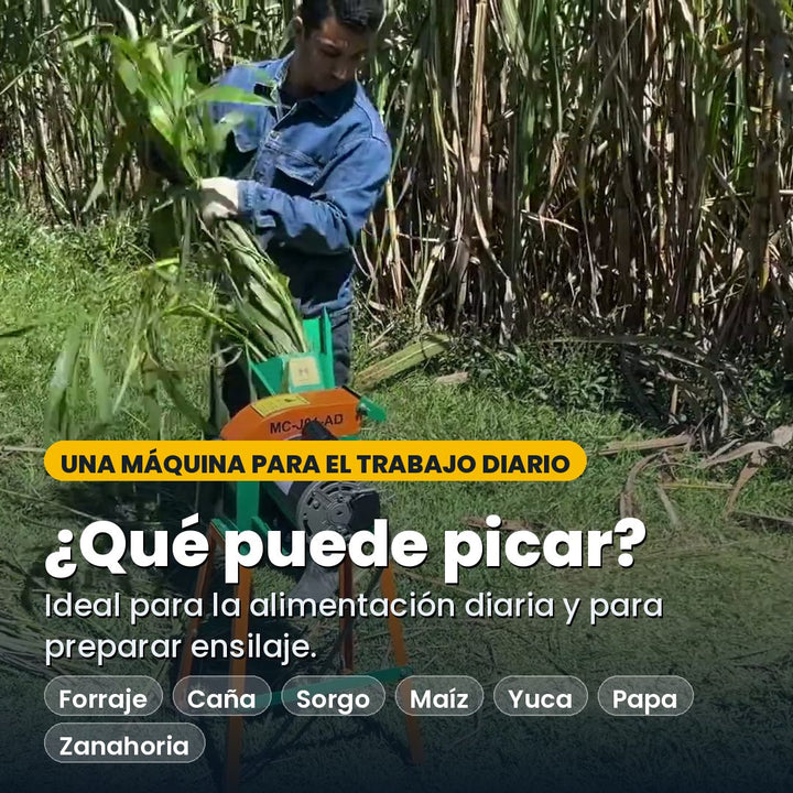 ¿Qué puede picar? Forraje, caña, sorgo, maíz, yuca, papa y zanahoria. Ideal para la alimentación diaria y para preparar ensilaje