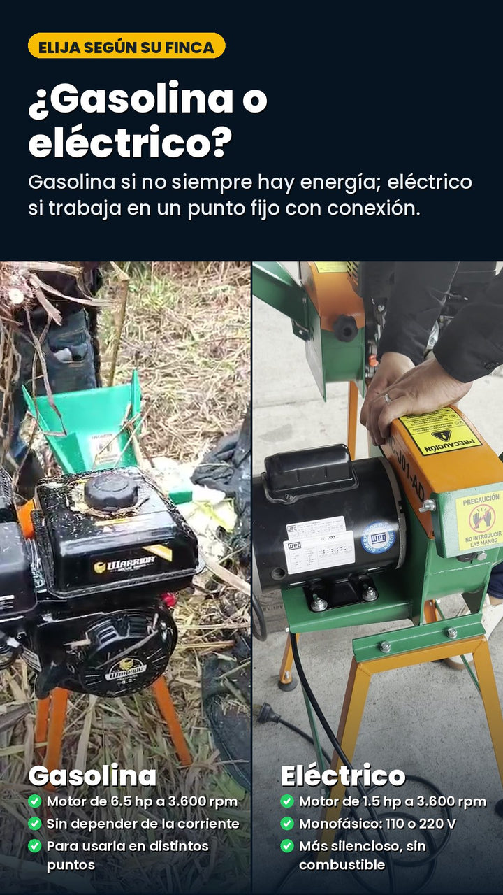 ¿Gasolina o eléctrico? Gasolina: motor de 6.5 hp a 3.600 rpm, sin depender de la corriente. Eléctrico: 1.5 hp a 3.600 rpm, monofásico 110 o 220 V, más silencioso y sin combustible