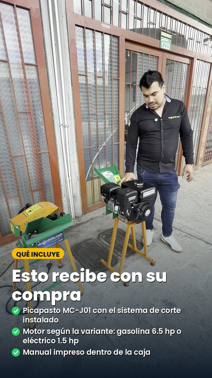 Qué incluye: picapasto MC-J01 con el sistema de corte instalado, motor según la variante (gasolina 6.5 hp o eléctrico 1.5 hp) y manual impreso
