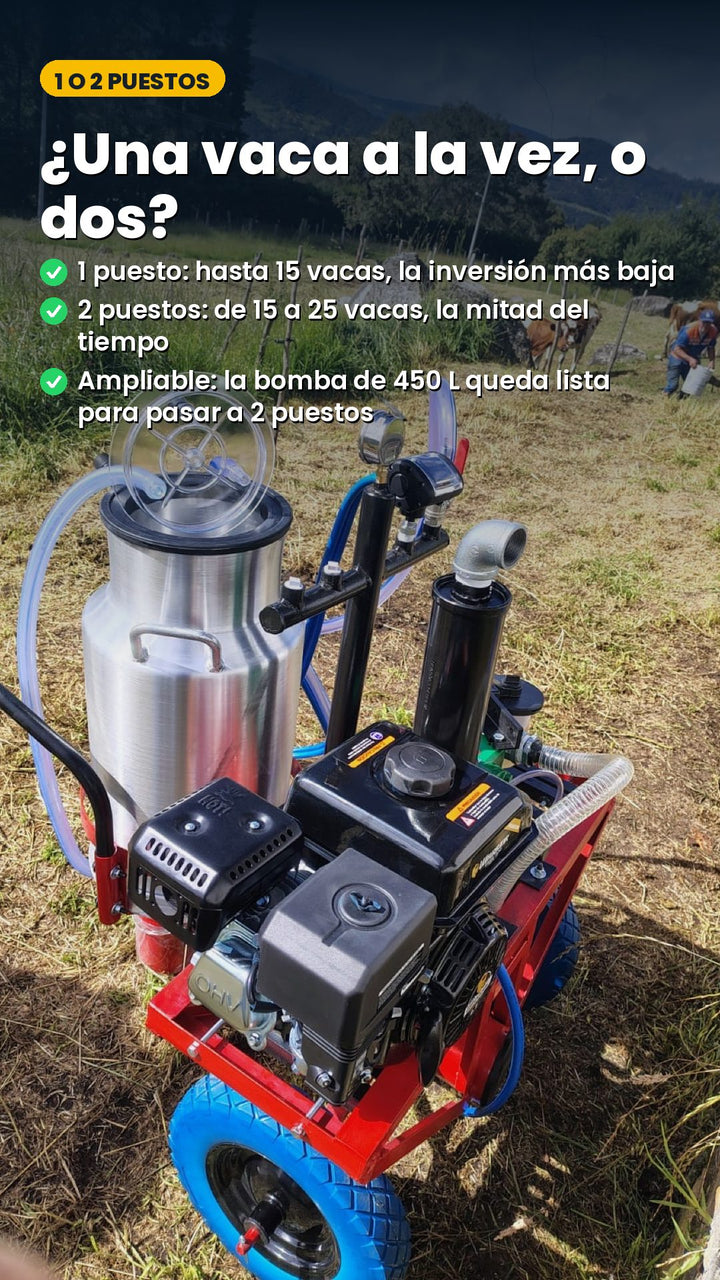 ¿Una vaca a la vez, o dos? 1 puesto: hasta 15 vacas. 2 puestos: de 15 a 25 vacas, la mitad del tiempo. Ampliable: la bomba de 450 L queda lista para pasar a 2 puestos
