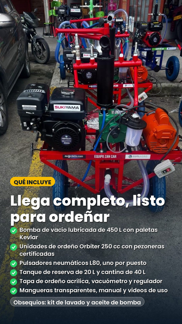 Qué incluye el Zan Car: bomba de vacío lubricada de 450 L con paletas Kevlar, unidades de ordeño Orbiter 250 cc con pezoneras certificadas, pulsadores neumáticos L80, tanque de reserva de 20 L, cantina de 40 L, tapa de ordeño acrílica, vacuómetro y regulador, mangueras, manual y videos; obsequios: kit de lavado y aceite de bomba