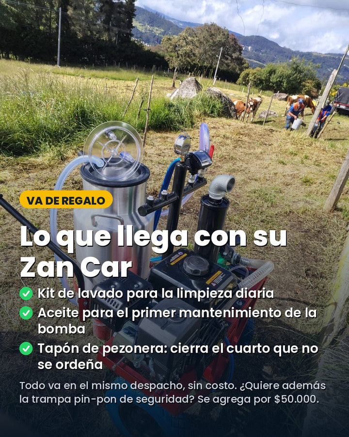 Lo que llega de regalo con su Zan Car: kit de lavado para la limpieza diaria, aceite para el primer mantenimiento de la bomba y tapón de pezonera para cerrar el cuarto que no se ordeña. Todo en el mismo despacho, sin costo; la trampa pin-pon de seguridad se agrega por $50.000