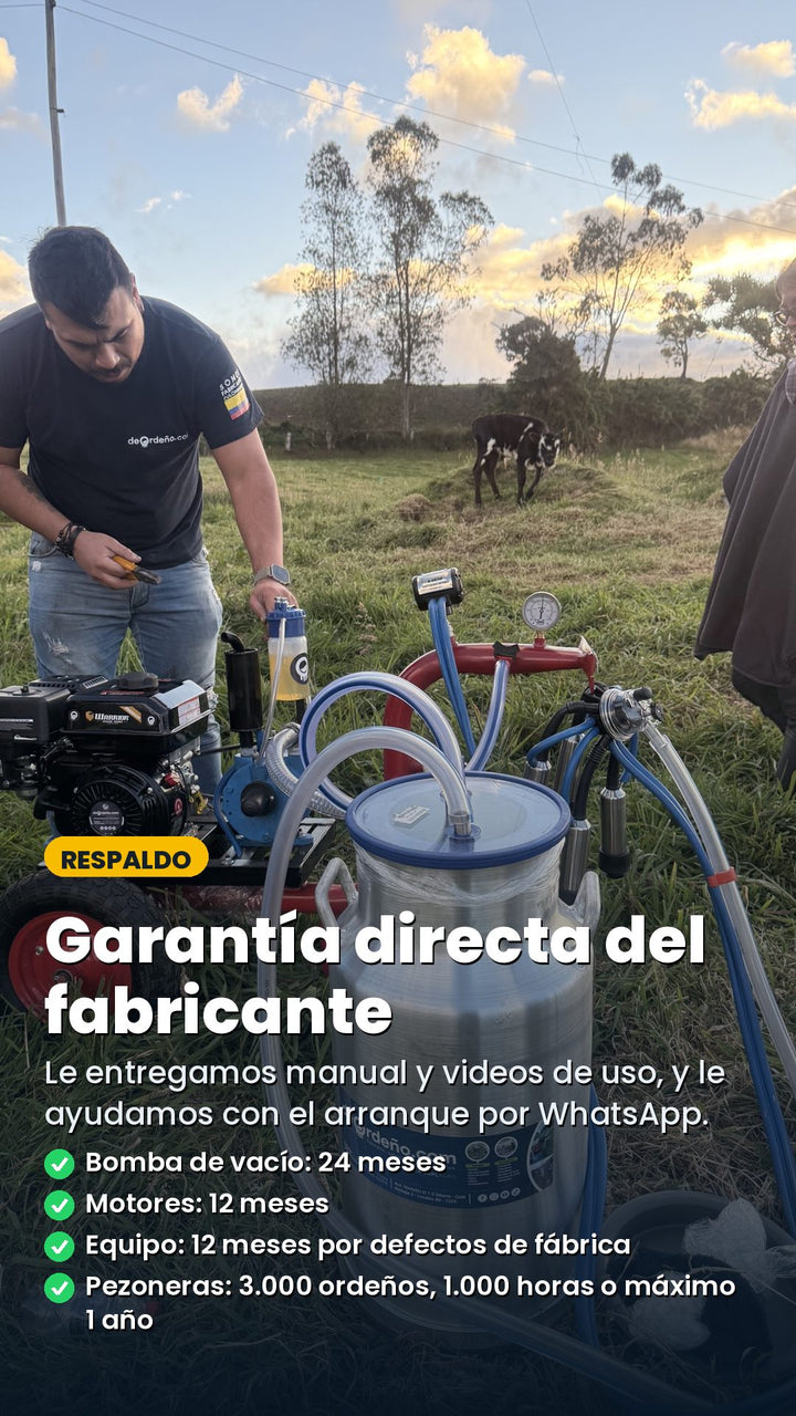 Garantía directa del fabricante: bomba de vacío 24 meses, motores 12 meses, equipo 12 meses por defectos de fábrica, pezoneras 3.000 ordeños, 1.000 horas o máximo 1 año