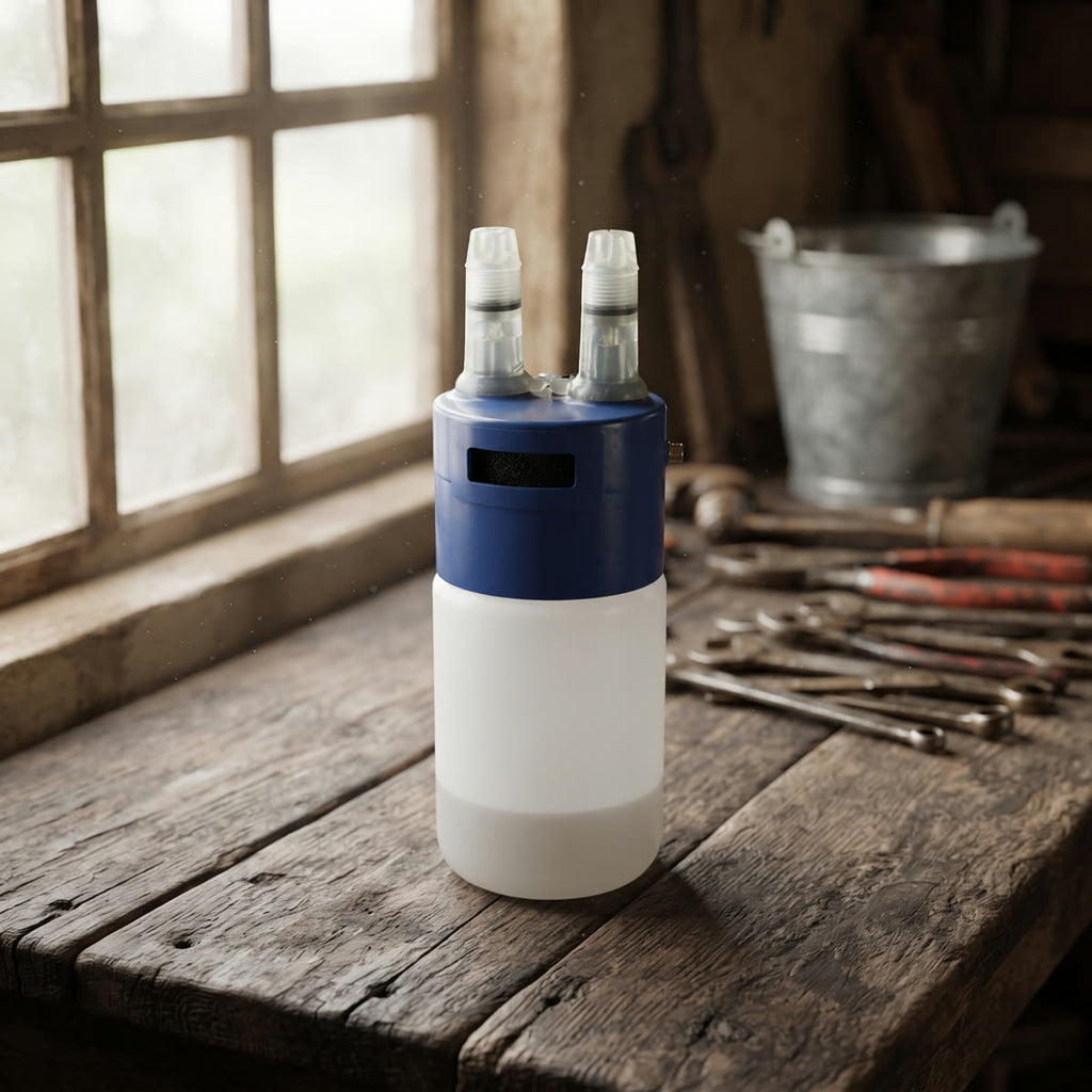 Lubricador dual para bomba de vacío sobre un mesón de taller
