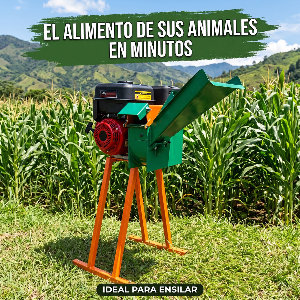Picapasto MC-J01 junto a cultivo de maíz: el alimento de sus animales en minutos, ideal para ensilar (máquina real, ambientación digital)