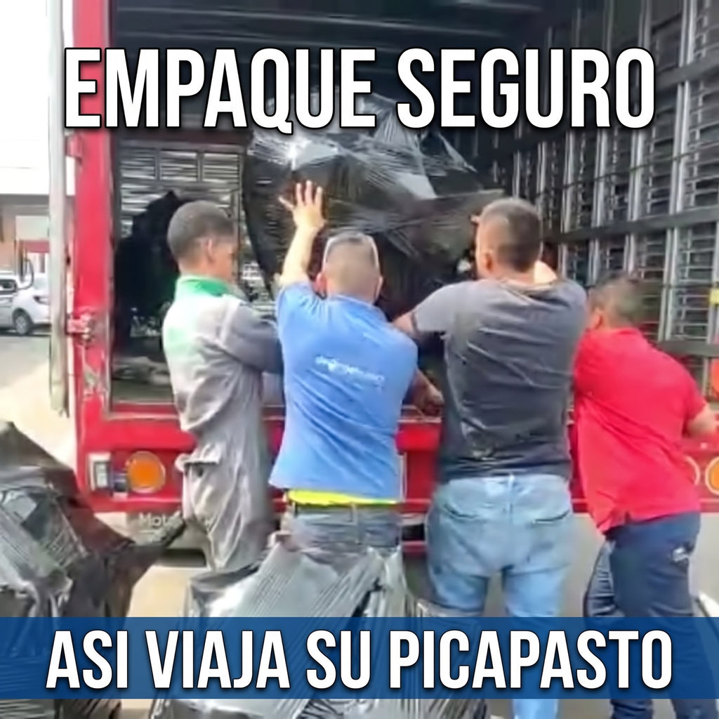 Empaque seguro: así viaja su picapasto, envuelto en plástico industrial (foto real de despacho con textos publicitarios)