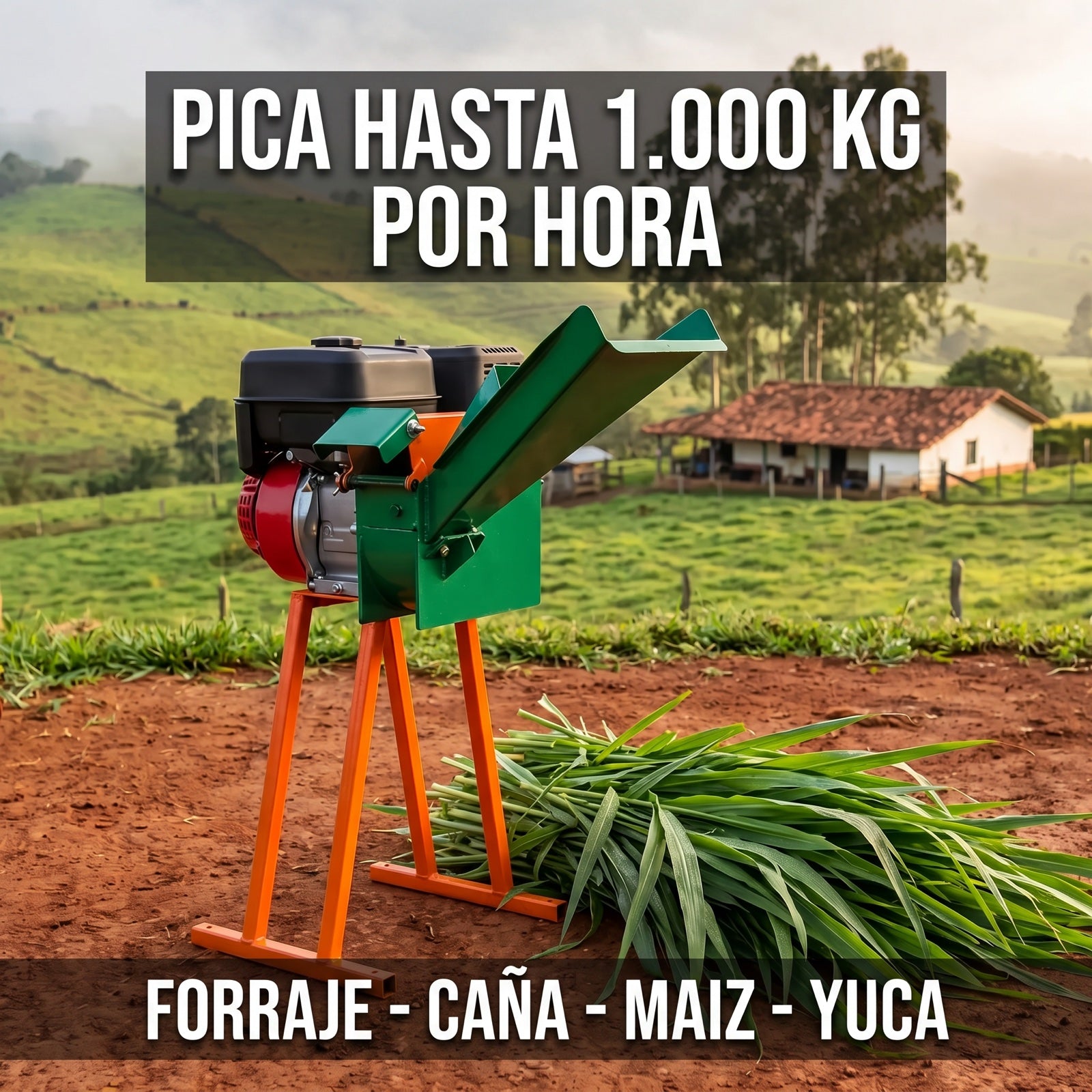 Picapasto MC-J01 Acople Directo: pica hasta 1.000 kg por hora de forraje, caña, maíz y yuca (máquina real, ambientación digital)