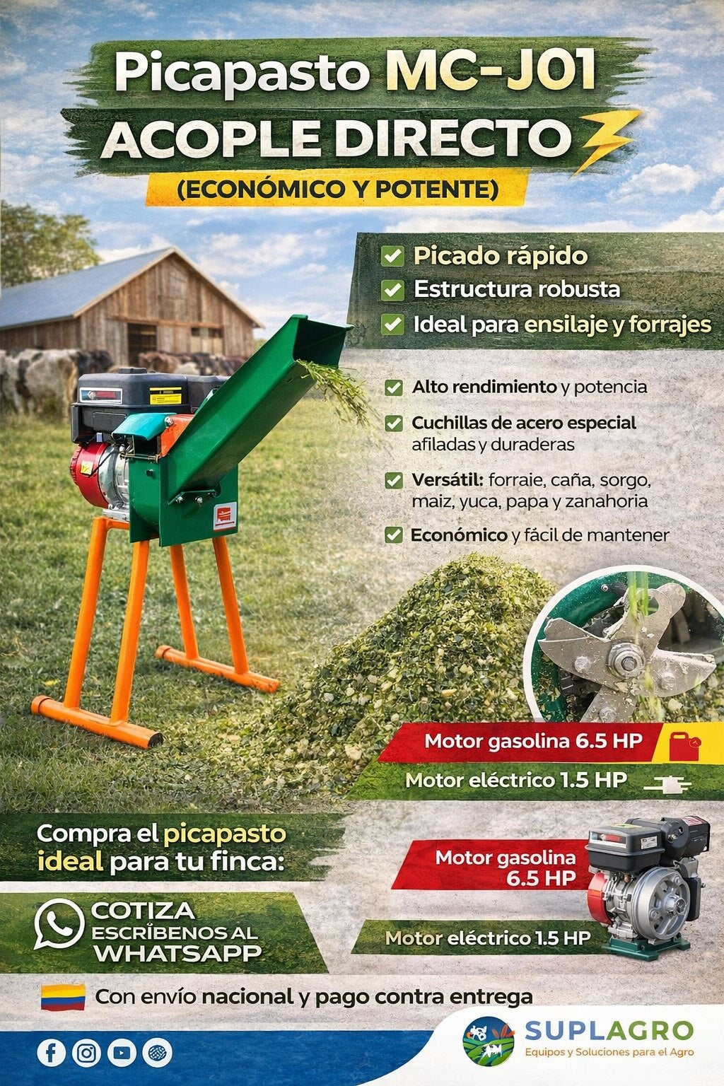 Picapasto MC-J01 Acople Directo: picado rápido, estructura robusta, ideal para ensilaje y forrajes; detalle del sistema de corte y motores disponibles