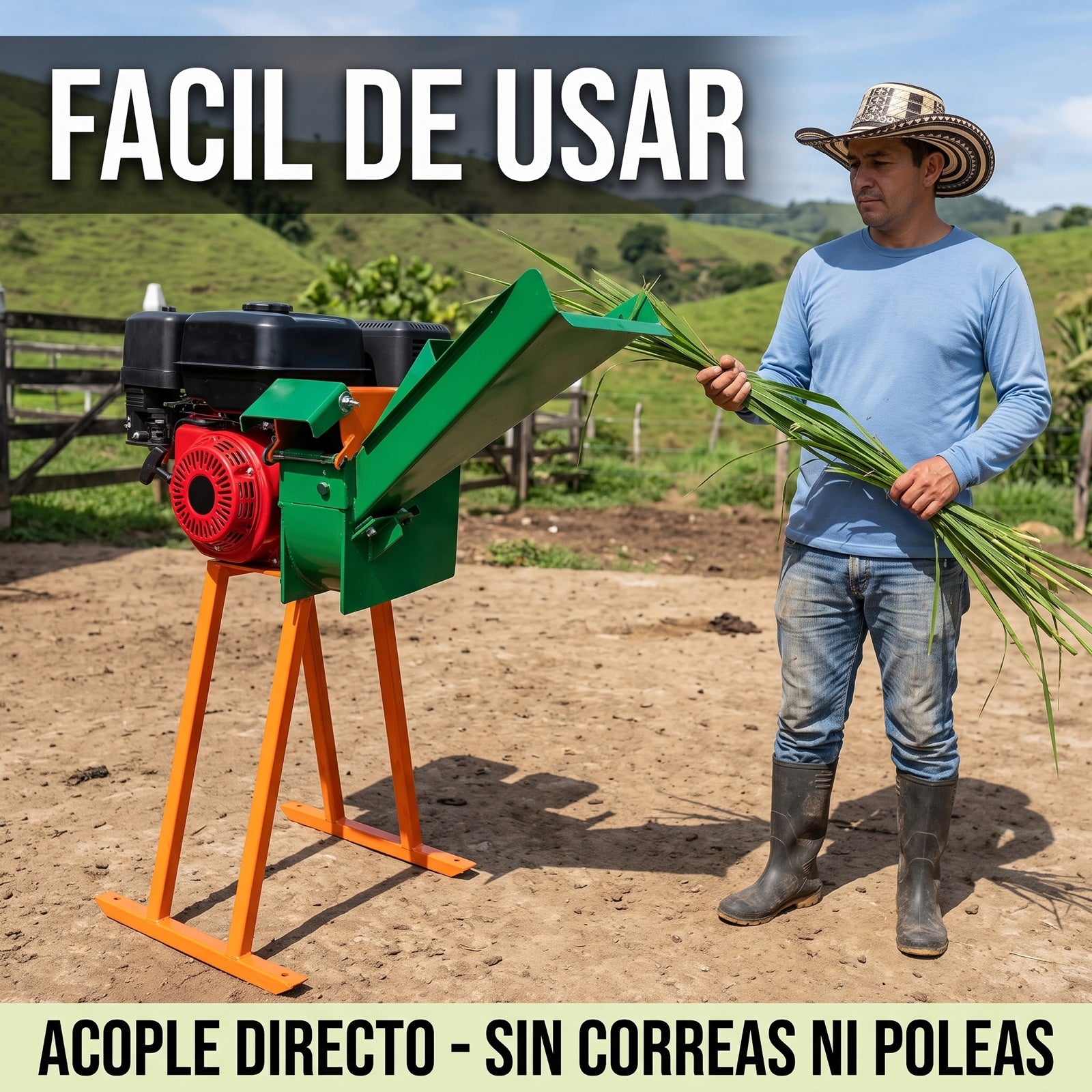 Fácil de usar: operario alimenta el picapasto por la tolva superior, acople directo sin correas ni poleas (imagen ilustrativa, ambientación digital)
