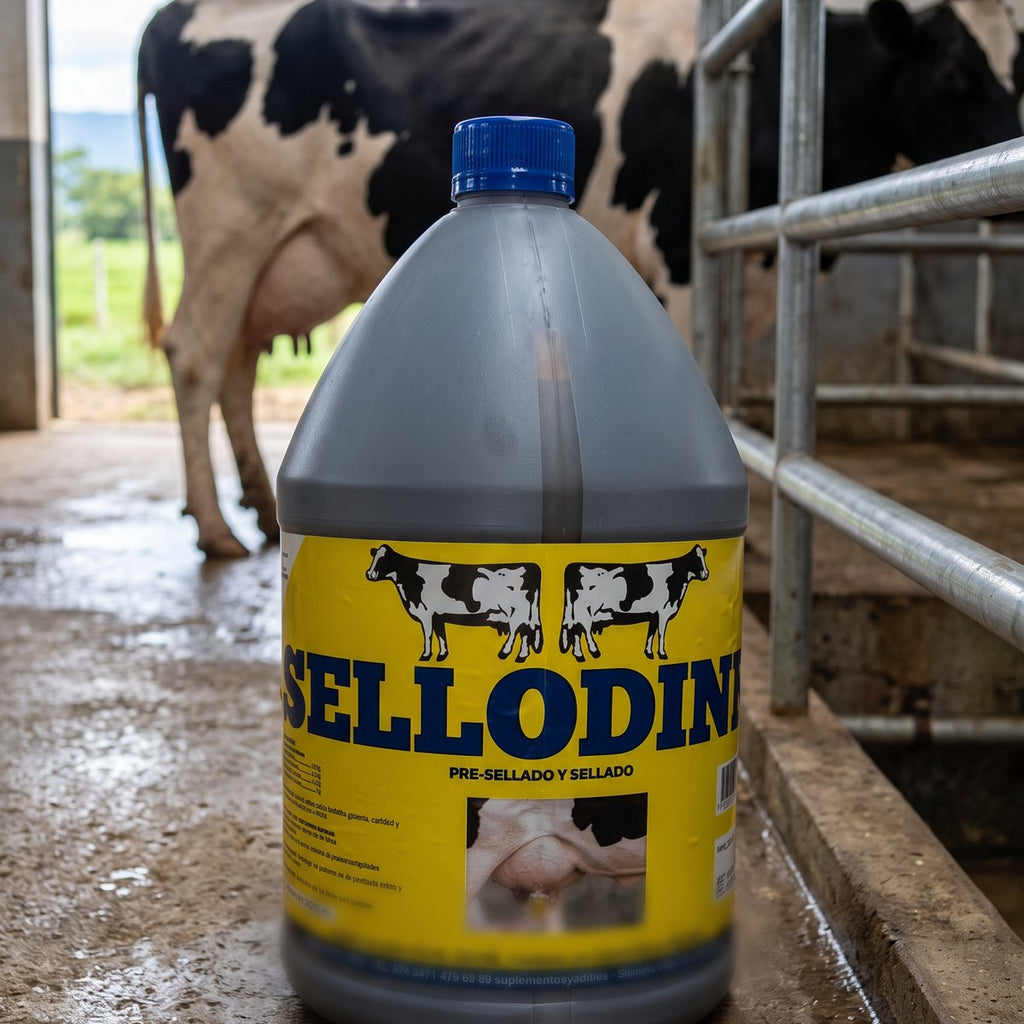 Galón de Sellodine en una sala de ordeño, junto a una vaca lechera