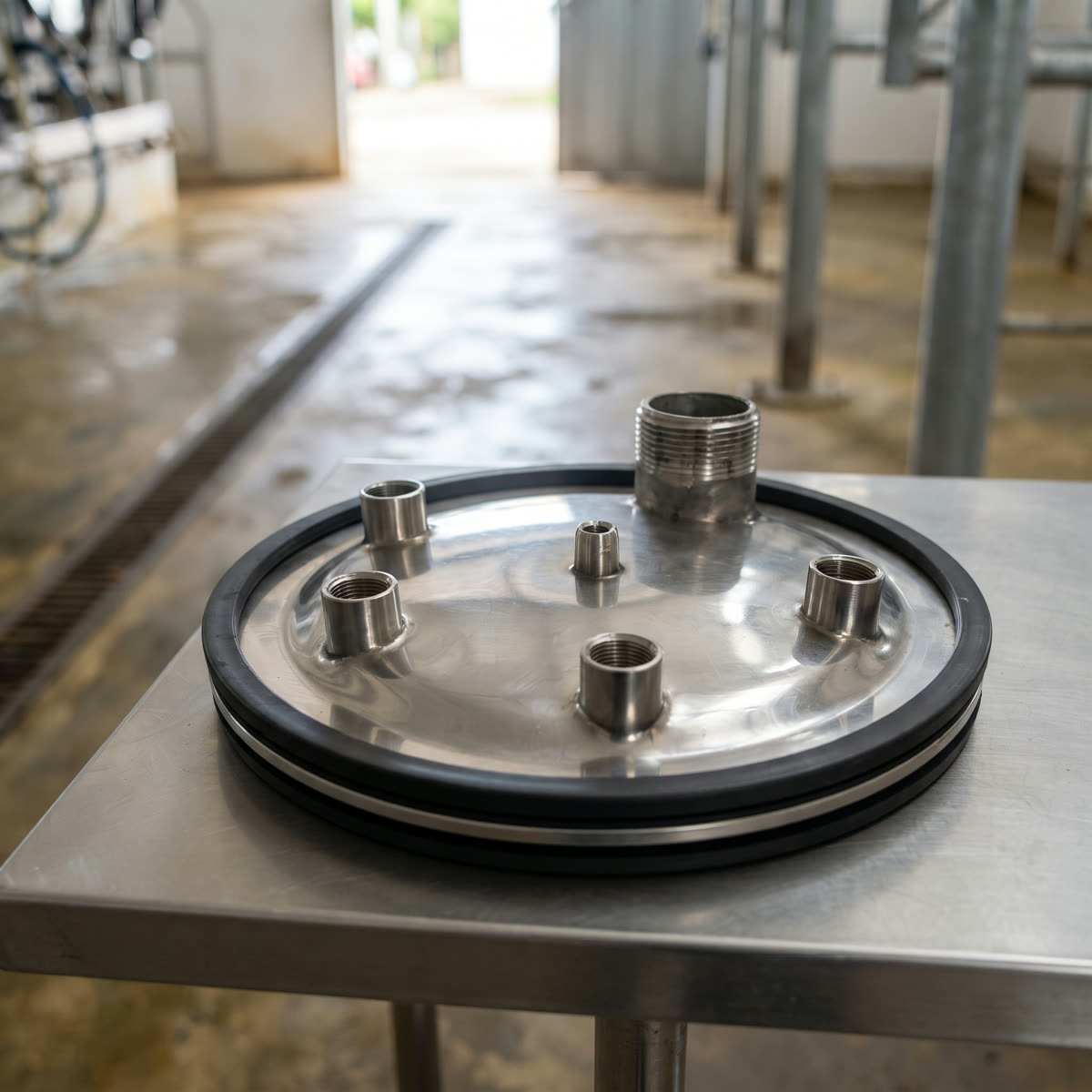 Tapa de distribución de vacío en acero inoxidable en una sala de ordeño