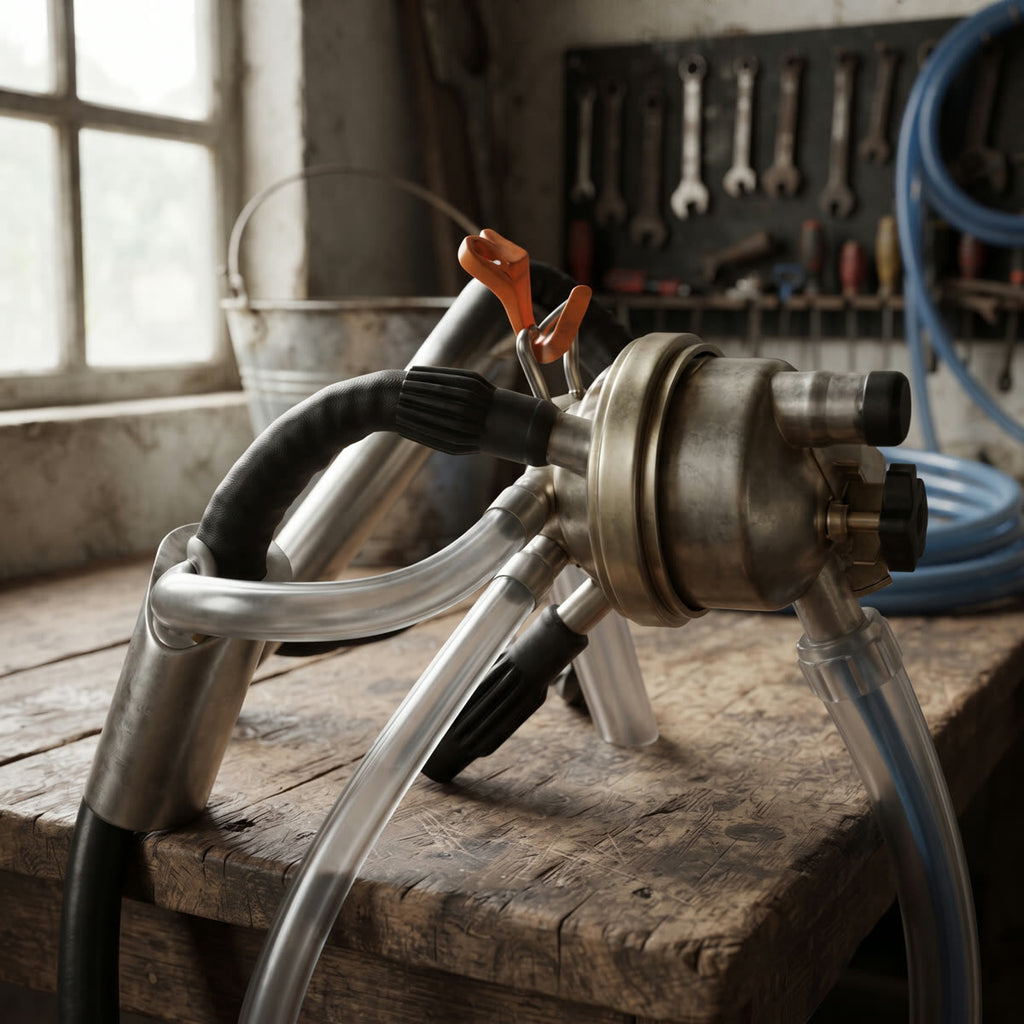 Unidad de ordeño con colector adaptable a DeLaval HC 150 sobre un mesón de taller